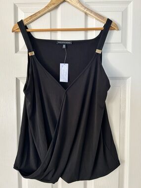 Saks Fifth Avenue Black Draped V-Neck Camisole with Gold-Tone Strap Accents